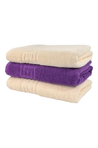OEM Set 3 prosoape de baie, Bumbac, Bicolor, Bordura Greceasca, 500g/m², 70x140cm, Ivoire-Mov