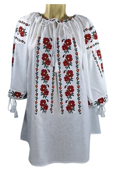 OEM Bluză tradițională din bumbac pentru femei, mânecă 3/4, broderie multicoloră, mărimea 4XL