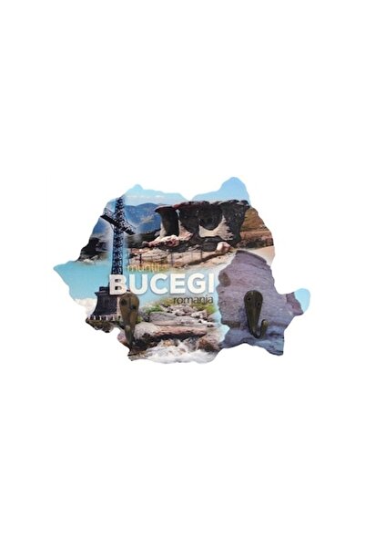 OEM Wooden Hanger, Map Shape with Bucegi Text and 2 Hooks, 18 x 13 cm