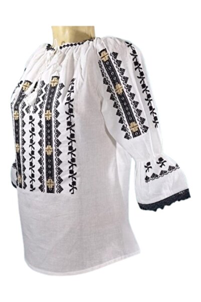 OEM Ie Dama, Bumbac, Broderie Negru-Bej, Model Traditional, Maneca 3/4, Marime S