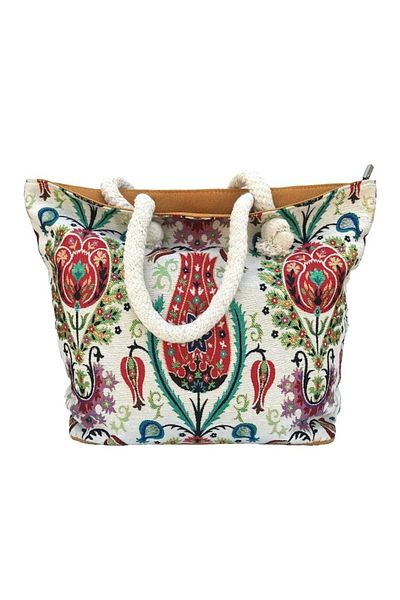 OEM Geantă de mână din material textil cu model floral și mânere groase din frânghie, M1, 35x34 cm