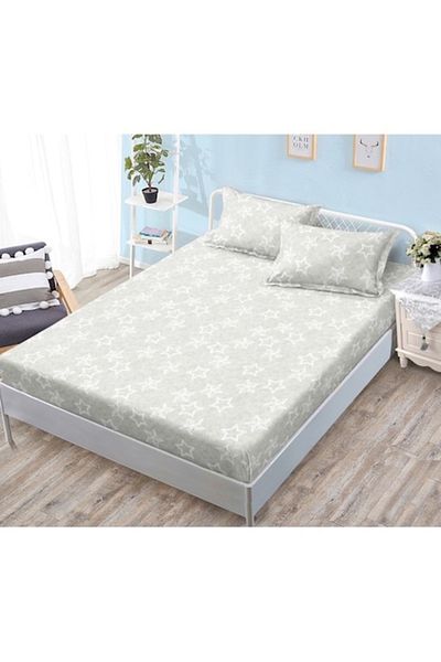 OEM Husa de Pat, cu Elastic, 3 Piese, Bumbac Satinat, 180x200cm, Imprimeu Stele, Gri Deschis-Alb