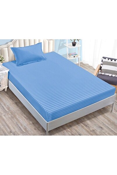 OEM Cearșaf de pat și 2 fețe de pernă cu elastic, Damasc,1 persoană, Solid, 90x200cm, Albastru