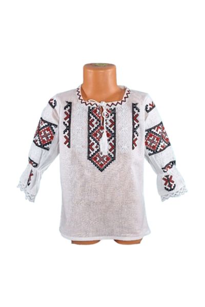OEM Bluză tradițională, bumbac, pentru fete. Albă cu broderie geometrică roșu-negru, 6 ani