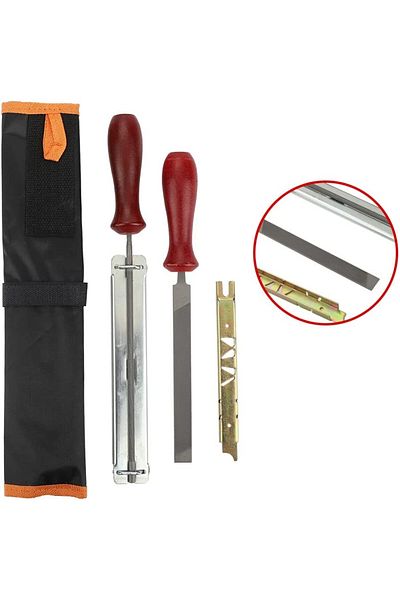 SAVIOR Set of 3 tools for sharpening chainsaw chains Savior, steel/wood, red/silver