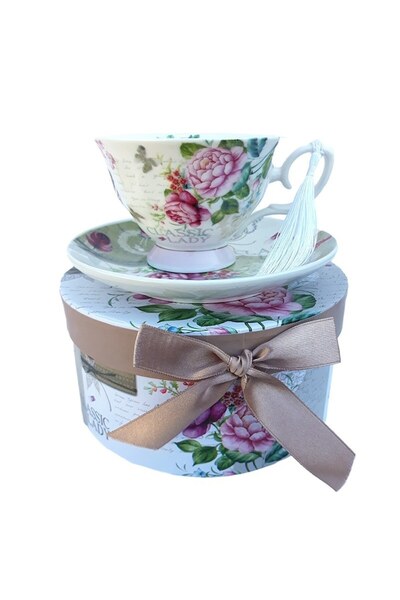 OEM Ceasca cu farfurie din ceramica cu flori si snur ambalate in cutie cu funda, 100 ml