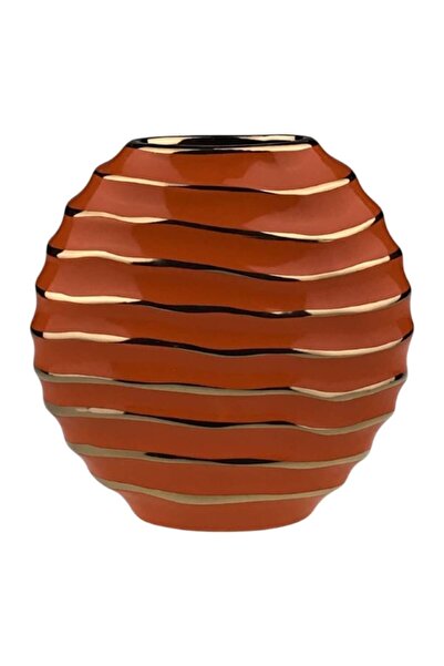 OEM Ceramic Vase with Horizontal Stripes, Round, 19x20 cm, Orange