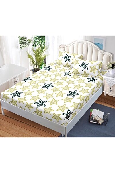 OEM Husa de Pat, cu Elastic, 3 Piese, Bumbac Satinat, 180x200cm, Imprimeu Stele Bicolore