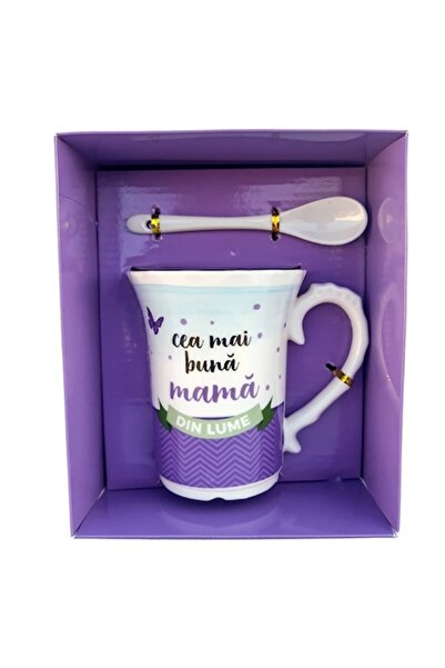 OEM Cană ceramică cu linguriță cu dedicație pentru mama, 16x19 cm