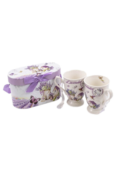 OEM Set de 2 căni ceramice în cutie cadou cu design floral cu lavandă, 11x8,5cm