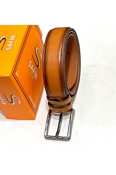 SAFİR Hakiki Deri Kemer Özel Kutusunda Üst Kalite 3.5CM Klasik Kemer Taba Ren...