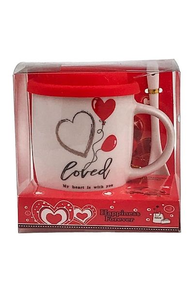OEM Ceramic Mug with Spoon and Silicone Lid with Hearts 13x13 cm