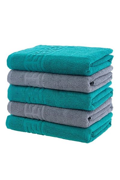 OEM Set 5 prosoape de baie, Bumbac, Bicolor, Bordură grecească, 500g/m², 70x140cm, Verde închis-Gri