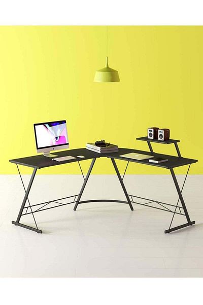 COOYA L Shaped Gaming Desk, Computer Desk with Monitor Stand,office desk,Carbon Fiber Surface, Black