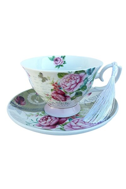 OEM Ceasca cu farfurie din ceramica cu flori si snur ambalate in cutie cu funda, 100 ml