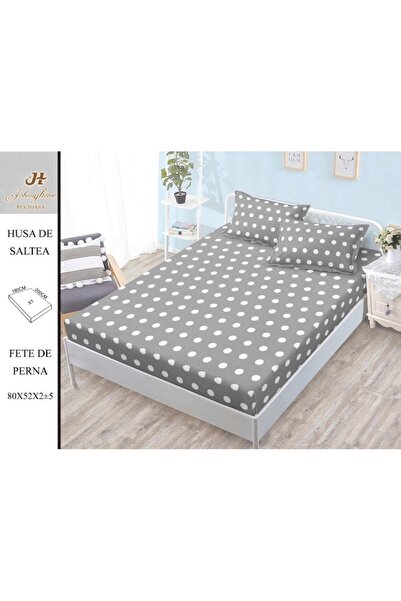 OEM Husa de Pat cu Elastic, 3 Piese, Bumbac Satinat, 180x200cm, Imprimeu Buline, Gri-Alb