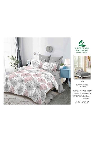 OEM Lenjerie de pat, Cearceaf cu Elastic, Finet, 6 piese, 2 persoane, Frunze Exotice, 180x200cm, Multico