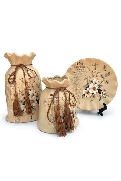 OEM Set din ceramica format din doua vaze cu farfurie cu pauni desenati si cu snur, M3, 39x23 cm