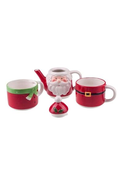 OEM Set ceramic cu două cești și un ceainic cu designul lui Moș Crăciun