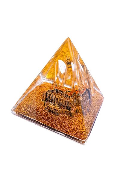 OEM Piramida din plastic cu lichid, cu Palatul Parlamentului, auriu, 8x8 cm