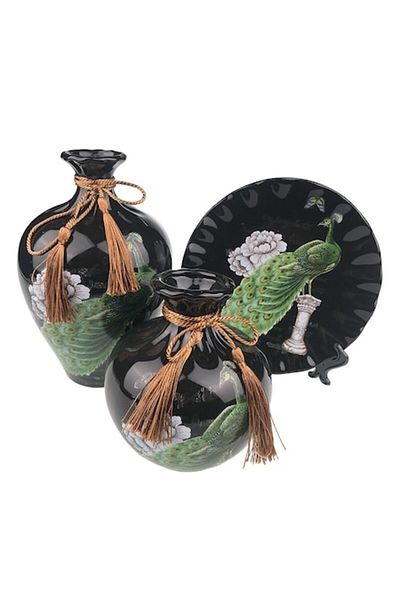 OEM Set din ceramica format din doua vaze de dimensiuni diferite si farfurie decorativa, cu flori desena