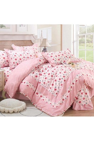 OEM Luxury Bedding with Ruffles, Cotton Finet, 4 Pieces, Double Bed, 230x250cm, Powder Pink Floral, Mult