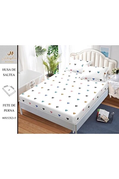 OEM Husa de Pat, cu Elastic, 3 Piese, Bumbac Satinat, 180x200cm, Imprimeu Inimioare, Multicolor