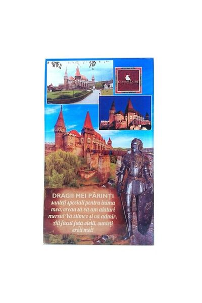 OEM Glass decoration with Corvin Castle and dedication for parents, M1, 10x17 cm