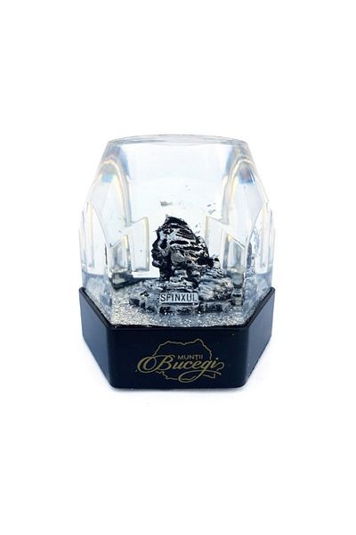 OEM Plastic globe with battery featuring the Sphinx and text 'Muntii Bucegi', 8x8 cm