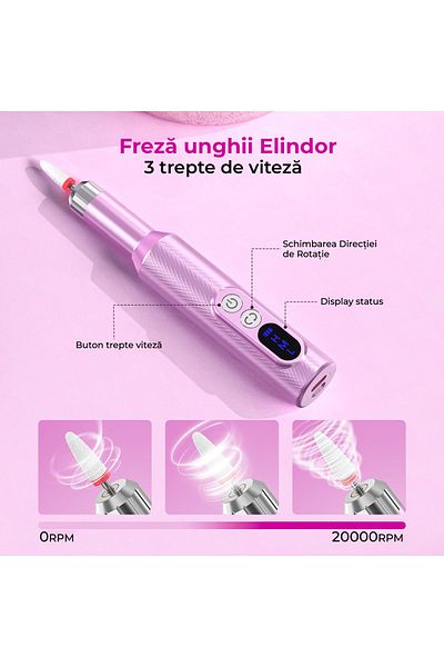 Elindor burghiu profesional pentru unghii, pilă electrică wireless pentru manichiură-pedichiură, reîncărcabilă, violet