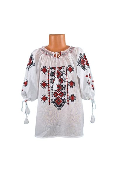 OEM Cămașă tradițională din bumbac pentru fete, albă cu broderie geometrică roșu-negru, vârsta 14 ani