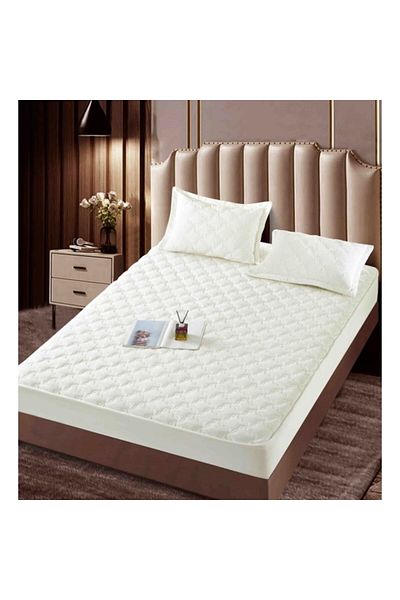 JOJO HOME Cearșaf de pat și 2 fețe de pernă, Jojo Home, catifea, model cu romburi, saltea matlasată, 140x200cm, alb