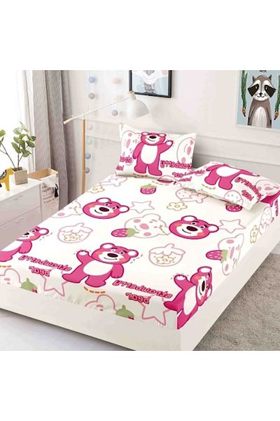 JOJO HOME Double Bed Sheet with Elastic, Jojo Home, Finet, 3-Piece, 180x200cm, Strawberry Bear, Multicolor