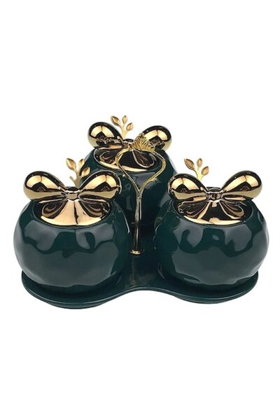 OEM Set de servire ceramică cu lingură, 3 boluri, 22x12cm, verde închis-auriu