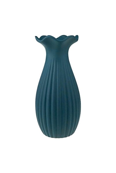 OEM Vază ceramică cu gură largă și dungi, 12x27 cm, albastru marin