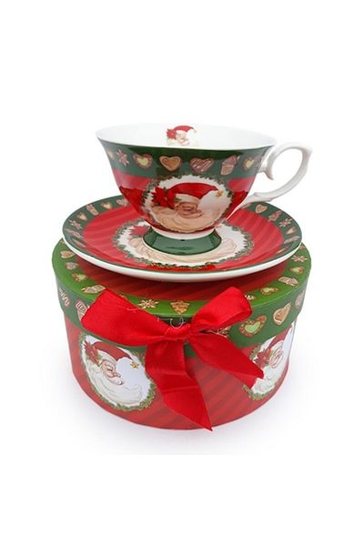 OEM Cană ceramică cu farfurie decorată cu cap de Moș Crăciun, 15x8 cm