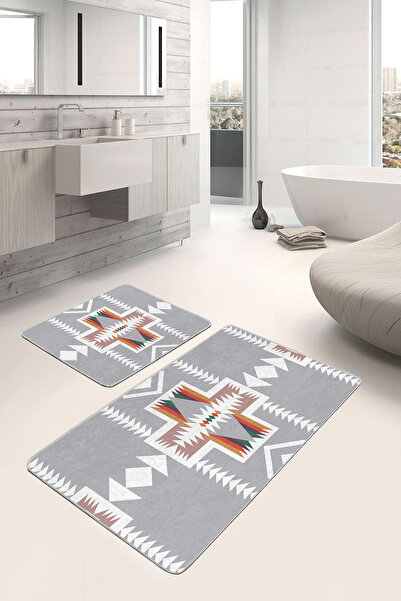 Realhomes مجموعة سجادة حمام قابلة للغسل بنمط هندسي عرقي باللونين البرتقالي والأبيض على خلفية رمادية