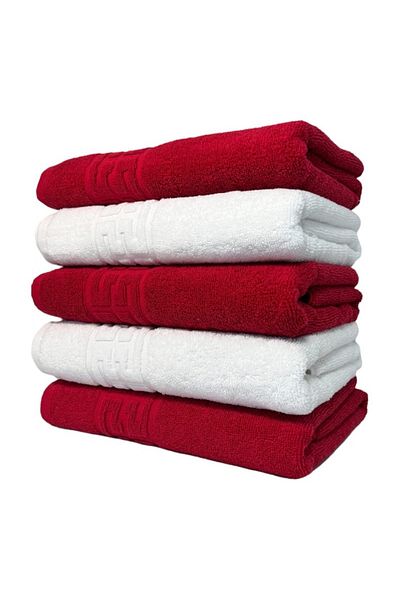 OEM Set of 5 bath towels, Cotton, Bicolor, Greek Border, 500g/m², 70x140cm, Red-White