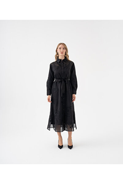 SERPİL Yarı Transparan Etek Uçlu Kuşaklı Gömlek Elbise