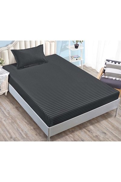 OEM Cearșaf și 2 fețe de pernă cu elastic, Sonia-Home, Damasc, 1 persoană, Uni, 90x200cm, Negru