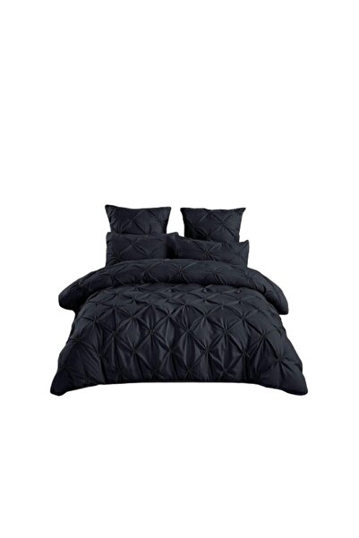 OEM Double bed linen, embroidered pleats, plain color, 6 pieces, fine cotton, 230x250cm, black