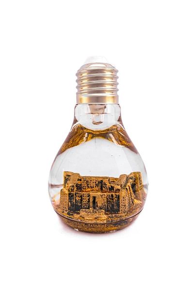 OEM Decorative Plastic Bulb with Liquid and Battery, Palace of Parliament Design, Gold, 6x10 cm