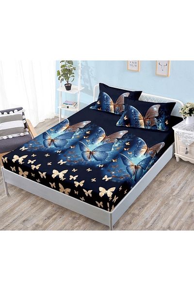 OEM Husa de Pat, cu Elastic, 3 Piese, Bumbac Satinat, 180x200cm, Imprimeu Fluturi Bleumarin-Auriu