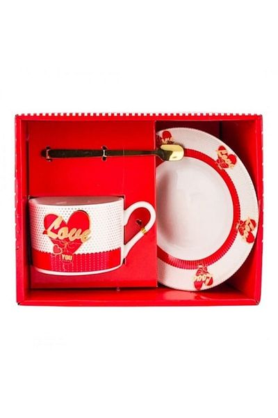 OEM Ceramic Cup with Plate and Metal Spoon, Heart Design