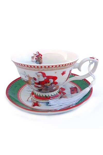 OEM Set de ceașcă și farfurie din ceramică cu modele de Crăciun, cutie cadou inclusă, 200 ml