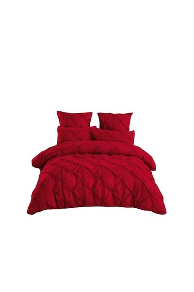 OEM Lenjerie de pat dublu, Model Pliuri Brodate, Uni, 6 piese, 2 Persoane, Bumbac Finet, 230x250cm, Rosu