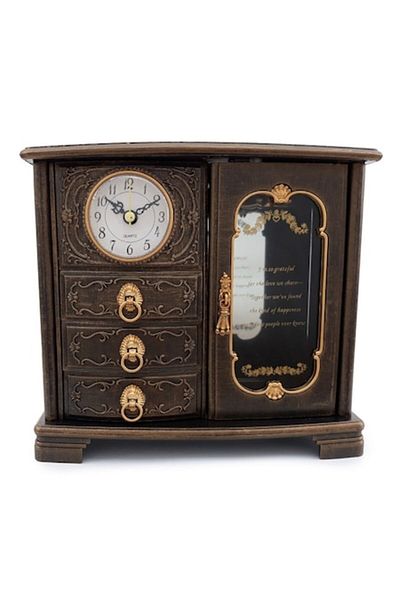 OEM Plastic Jewelry Box with Patinated Look, Three Drawers and Clock, M2, 21x19 cm