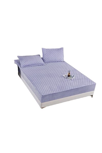 OEM Husa de pat si 2 fete de perna, Catifea, Topper Matlasat, 180x200cm, Lavanda
