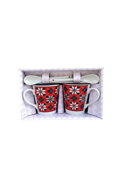 OEM Set 2 Ceramic Cups with Popular Designs, with Spoons, 150 ml