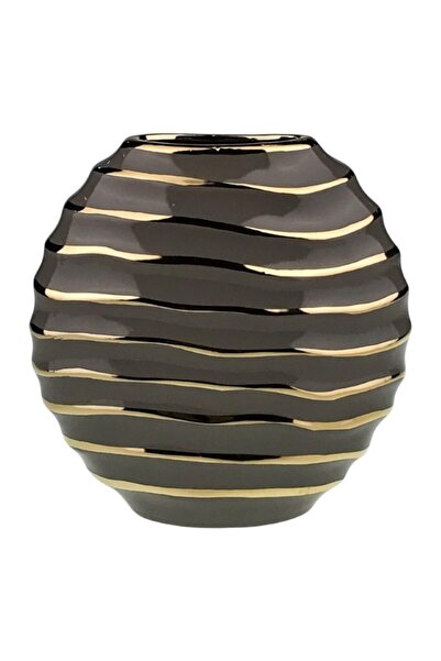 OEM Ceramic Vase, Round Shape with Horizontal Stripes, 19x20 cm, Gray